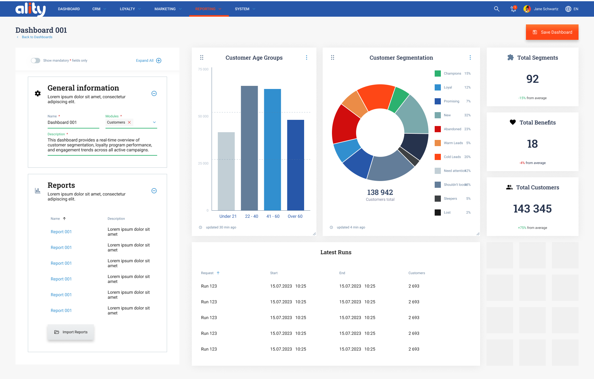 Reporting dashboard, token-based components